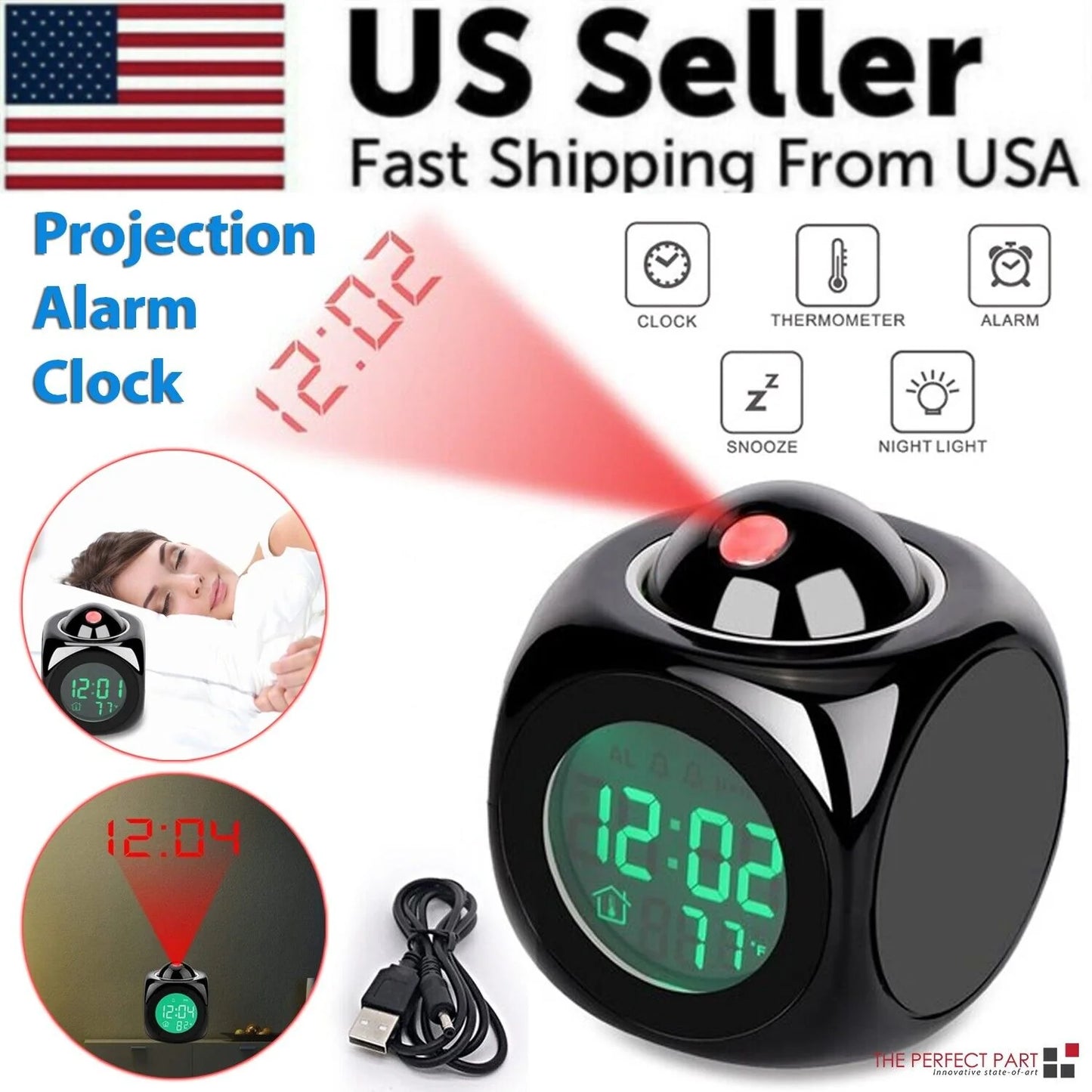 Revolutionary LED Projection Alarm Clock with Digital LCD Display, Voice Activation, Weather Updates, Snooze Function, and USB Charging